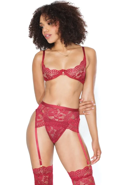 Deep Red Floral Lace Demi Cup Bra, Garter Belt, & Thong — image 6 of 10