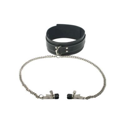 Strict Leather Collar With Nipple Clamps Black
