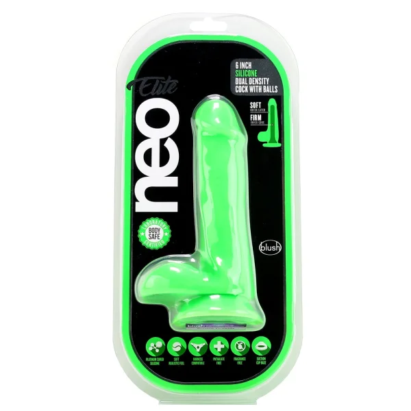 Neo Elite - 6 Inch Silicone Dual Density Cock  With Balls - Neon Green