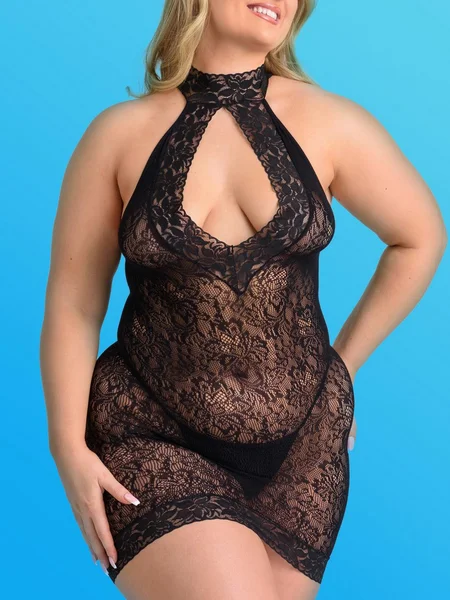 Lovehoney Plus Size Black Lace Keyhole Front Mini Dress — image 10 of 12