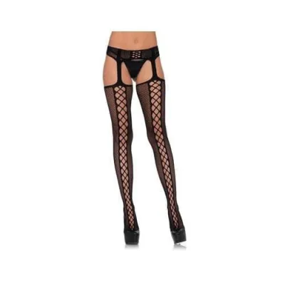 Faux Lace Up Dual Net Backseam Stockings With Attached Garterbelt Black One Size