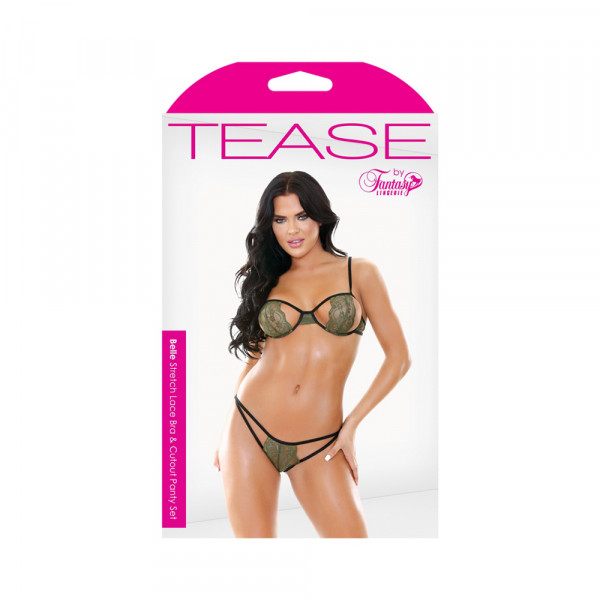 Tease Belle Stretch Lace Bra With Cutout Panty Set Olive Xl