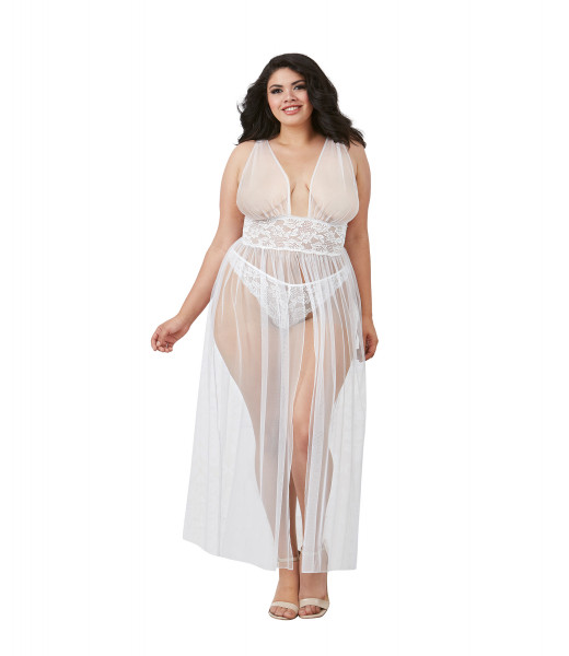Dreamgirl Plus Size White Highly Sheer Mesh and Stretch Lace Gown