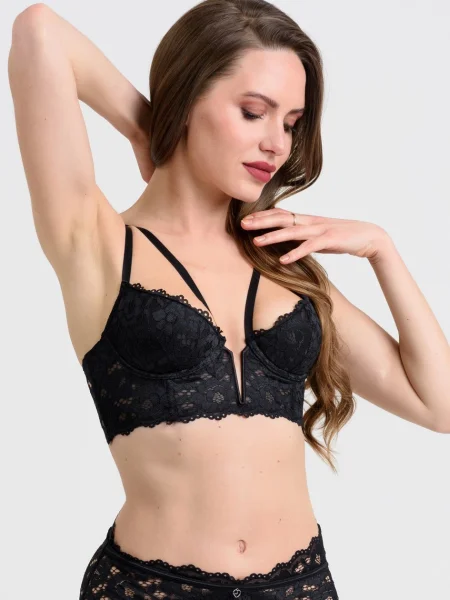 Lovehoney Parisienne Black Lace Plunge Longline Bra Set