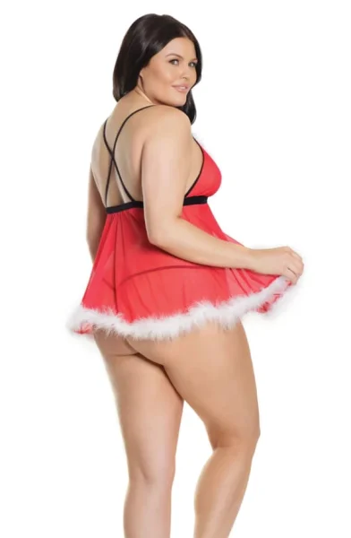 Plus Size Santa Baby Mesh & Marabou Baby Doll — image 6 of 8