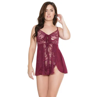 Lace Merlot Tie Front Babydoll G String
