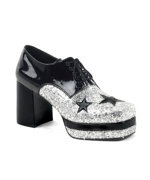 GLAMROCK-02 - 3 1/2" Heel, 1 1/2" Stacked PF, Lace Up Black Glitter Oxford