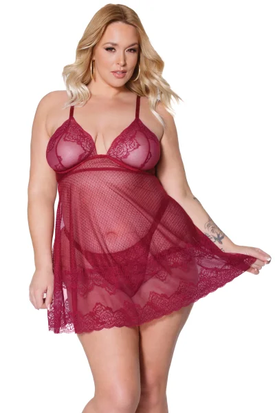 Plus Size Merlot Lace Roses Babydoll & Thong — image 5 of 12