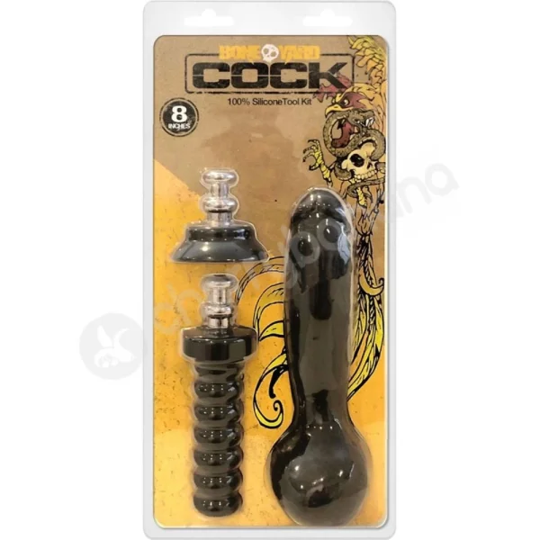 Boneyard Cock 8" Black Dong With Suction Cup & Handle Extensions