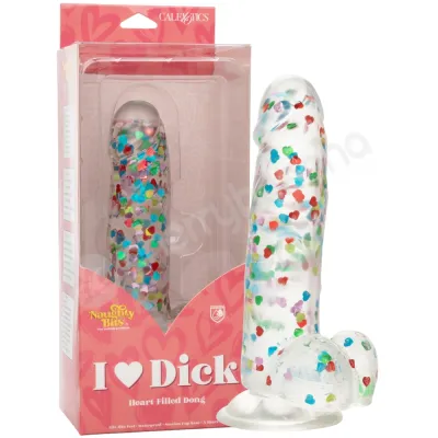 Naughty Bits I Love Dick Dildo Heart Filled Confetti Clear Dong