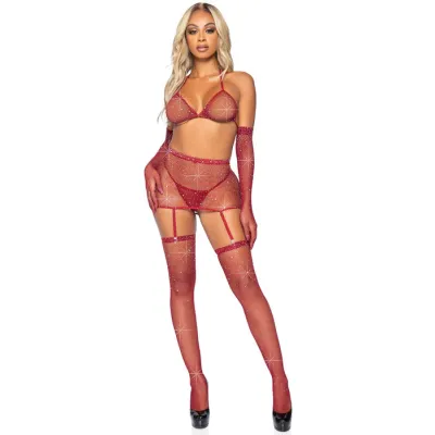 Rhinestone Fishnet 5 Piece Lingerie Set Multiple Colors Available