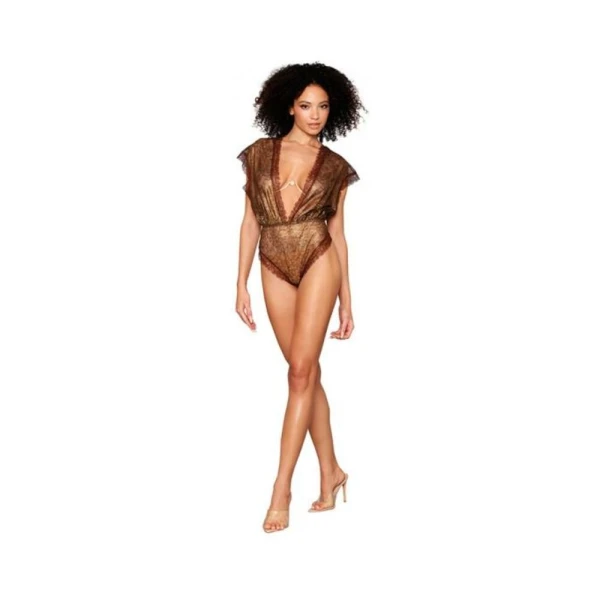 Women's Lingerie: Dreamgirl Delicate Gold-foil Lace Blouson Teddy & Rhinestone Metal Underwire Bra Set Gold Xl