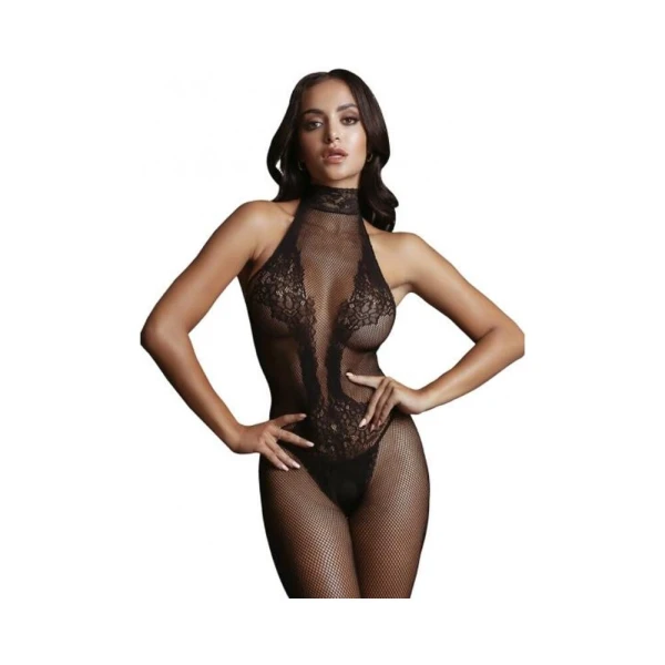 Women's Lingerie: Shots Le Desir Fishnet & Lace High-neck Bodystocking Black O/s