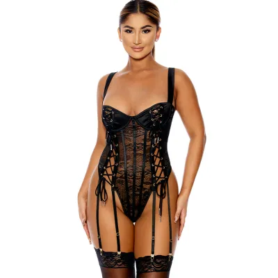 Forplay Lovebound Black Lace Corset Teddy with Garters