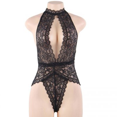 Bondara Belle Plus Size Black Lace Keyhole Teddy