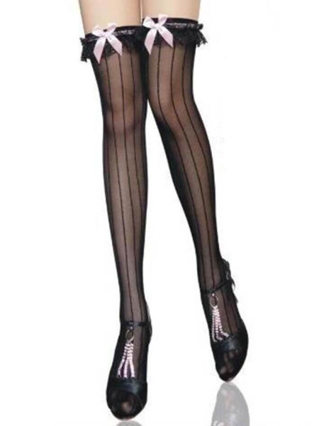 Bondara Flirt Pink Bow Pinstripe Hold Up Stockings