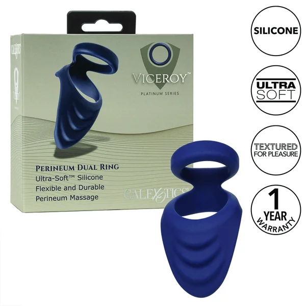 Viceroy Perineum Dual Ring Blue Silicone Cock Ring by Cal Exotics — image 10 of 13