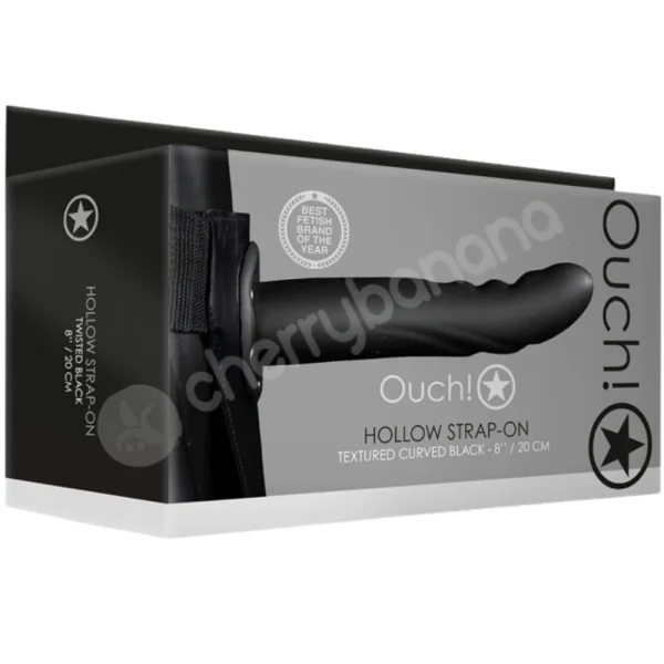 Ouch! Textured Black 8" Curved Hollow Strap-on Adjustable Set