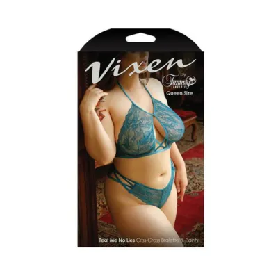 Vixen Teal Me No Lies Criss cross Lace Halter Bralette Matching Panty Teal Queen