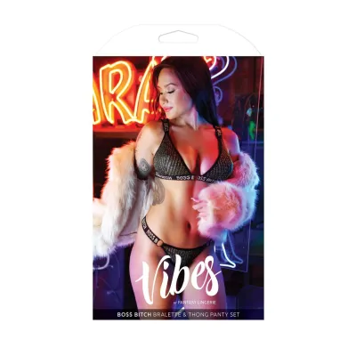 Boss Bitch Bralette and Thong Panty Set Black Gold S m
