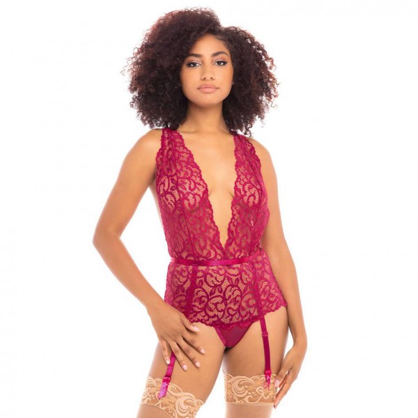 Oh La La Cheri Pink Lace Plunging Crotchless Body