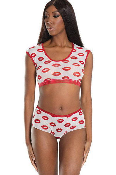 Coquette Kiss Away Lip Print Crop Top with Booty Short