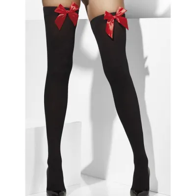 Bow To Me Black And Red Opaque Hold Up Stockings