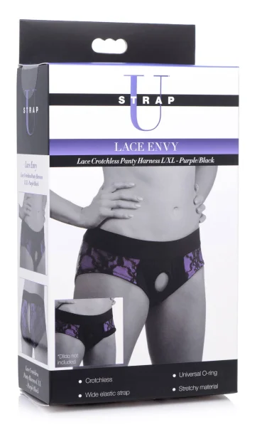 Lace Envy Crotchless Panty Harness - L- XL Purple and Black