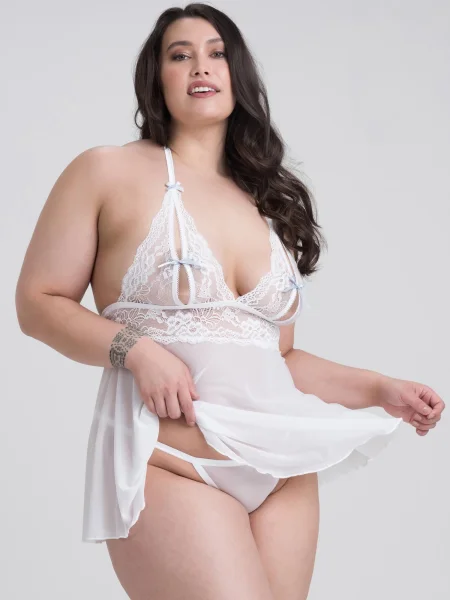 Lovehoney Plus Size Peek-a-Boo White Lace Babydoll Set