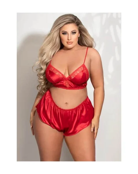 Seduction 2-piece Bralette And Short Set Satin - Red - 1x/2x