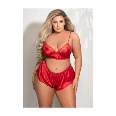 Seduction 2 piece Bralette And Short Set Satin Red 1x 2x