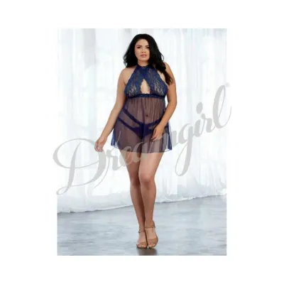 Dreamgirl Stretch Lace And Mesh Babydoll With High neck Halter Styling Midnight Os