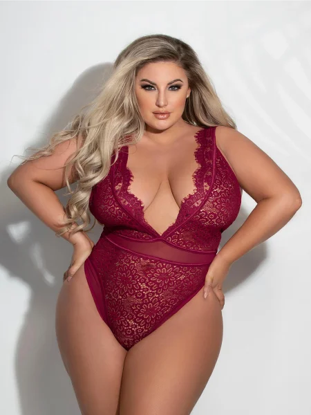 Seven 'til Midnight Plus Size Wine Eyelash Lace Teddy