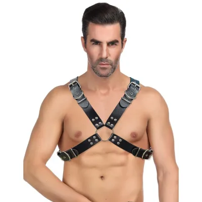 Bondara Edge Men s Faux Leather Studded O Ring Chest Harness