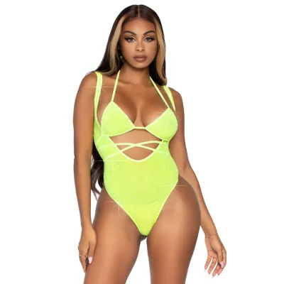 2 Pc Rhinestone Wrap Around Bikini Top and Suspender Body Suit One Size Neon Yellow