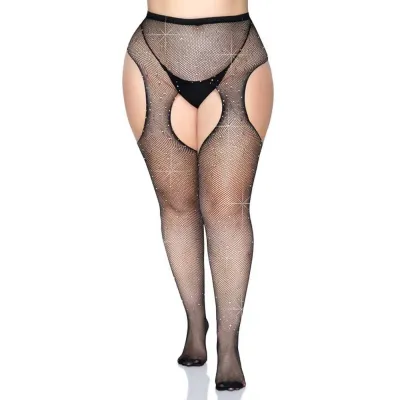 Casey Rhinestone Fishnet Suspender Pantyhose Queen Black