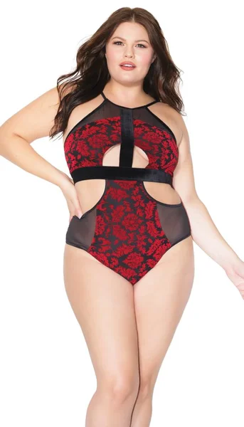 Elegant Floral Embroidered And Mesh Cutout Halter Teddy — image 7 of 9