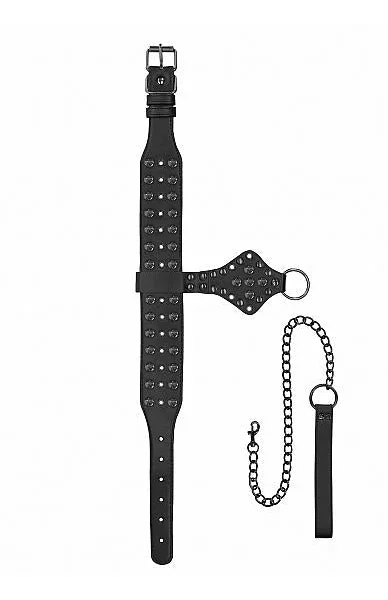 Ouch! Skulls & Bones Neck Chain With Spikes And Leash Black