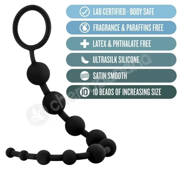 Anal Adventures Platinum 10 Silicone Black Anal Beads With Pull Ring