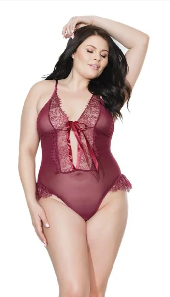 Merlot Fine Lace & Mesh Crotchless Teddy