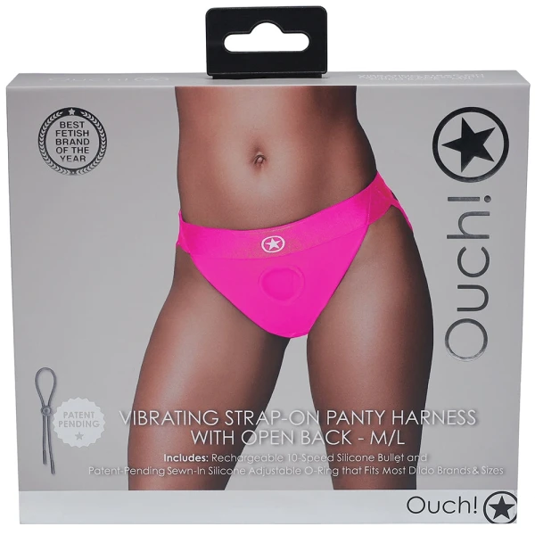 Ouch! Vibrating Pink Open Back Panty Harness in M/L