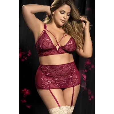 Shine On Burgundy Floral Lace Mesh Bra with Garter Belt Thong By Mapale by Espiral