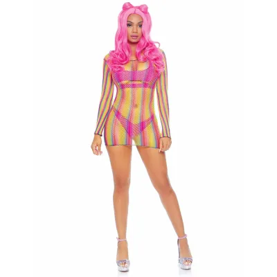 Rainbow Fishnet Long Sleeved Mini Dress One Size Rainbow