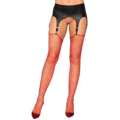 Rhinestone Fishnet Stockings One Size Red