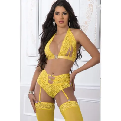 3pc High Waist Garter Laced Panty and Halter Top Set With Stockings One Size Illuminating