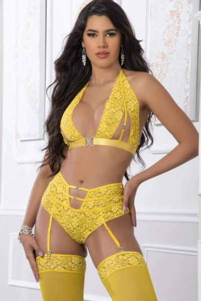 3pc High Waist Garter Laced Panty and Halter Top Set With Stockings - One Size - Illuminating
