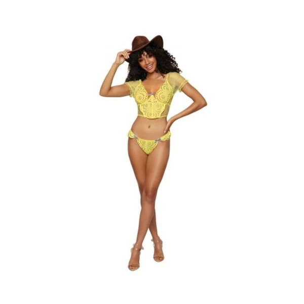 Women's Lingerie: Dreamgirl Embroidered Eyelet Band And Stretch Fishnet Bustier And G-string Set Citrus L