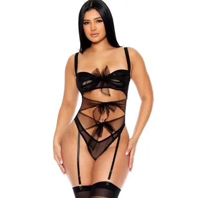 Forplay Unwrap Me Black Bow Cutout Teddy with Garters