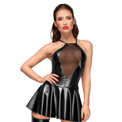 Wetlook flared mini dress with embroided cross Black Raunchy Lingerie