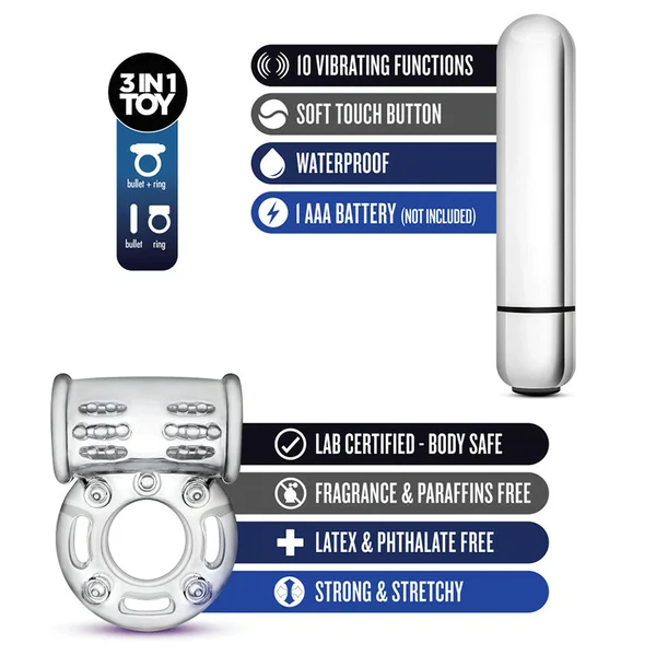 Stay Hard 10 Function Clear Vibrating Bull Cock Ring by Blush Novelties — image 7 of 7